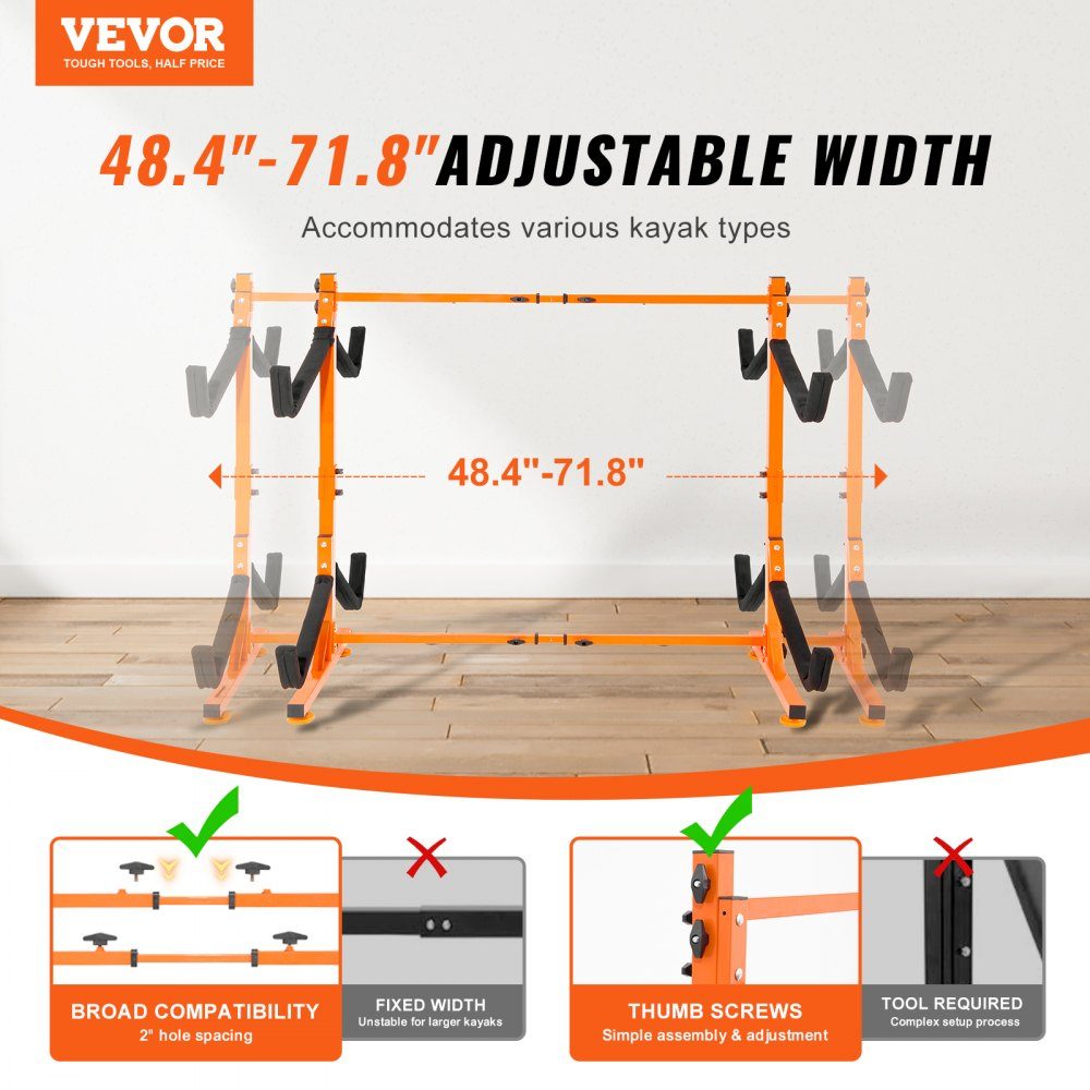 Kayak Holder, Kayak Hanger 1260 x 1070 x 1375mm, Freestanding Kayak Stand 4 Kayaks 1230-1825mm Width Adjustment Range, Kayak Storage Rack, Heavy Duty Kayak Storage Hooks