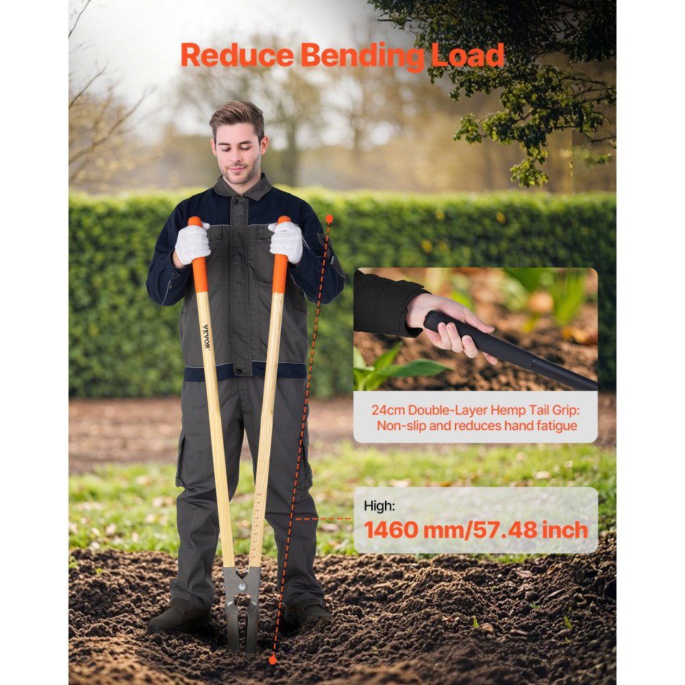 Erdlochbagger 146 cm, robuster Erdlochheber mit Holzgriff, Handbagger mit Skalenmarkierungen und Metallklinge, Pfostenlochspaten-Werkzeug zum Graben im Garten im Freien