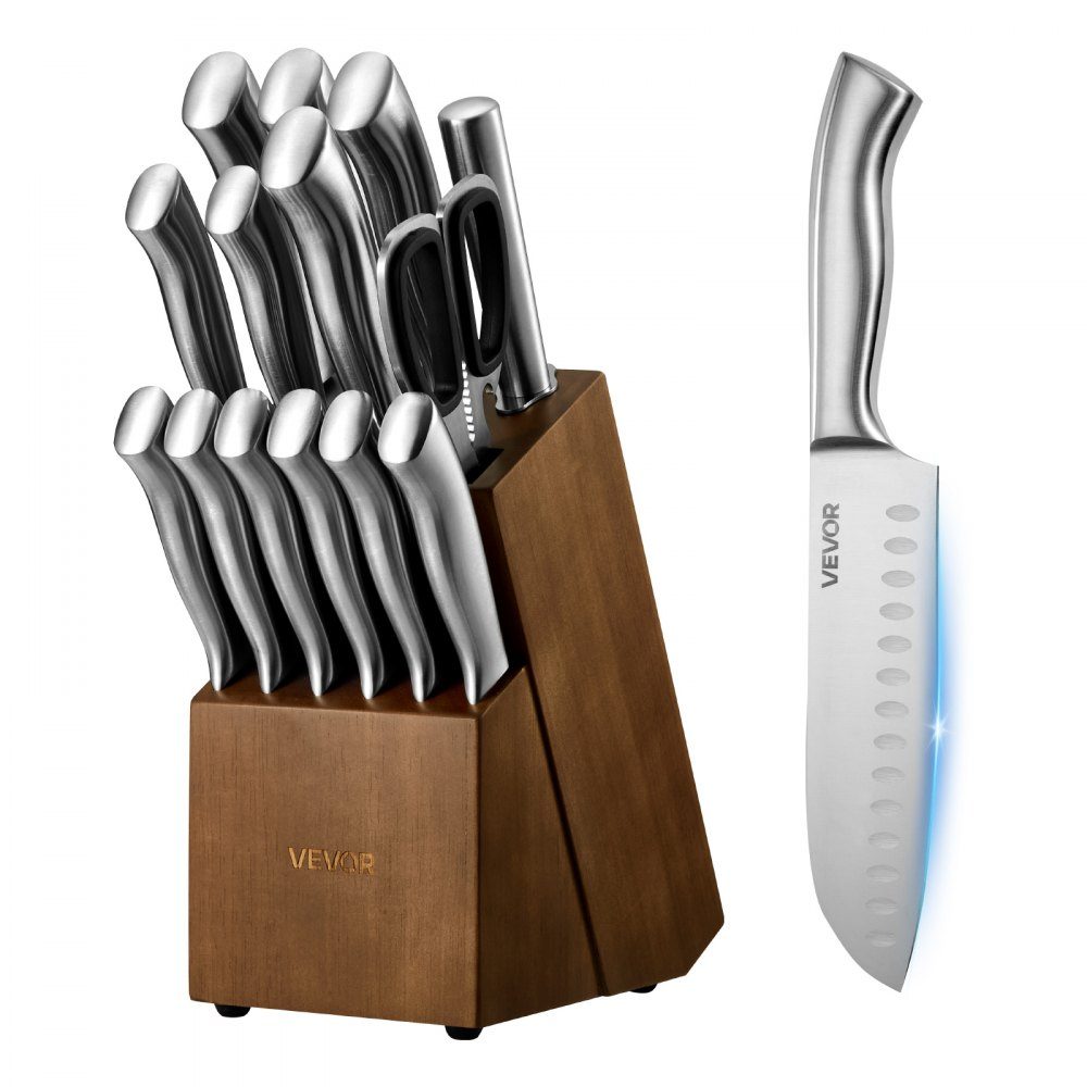Kitchen knife set with knife block (wood) & sharpening steel, 15 pieces. Knife set of sharp knives made of high carbon stainless steel, kitchen cutlery with ergonomic handle, for home cooks