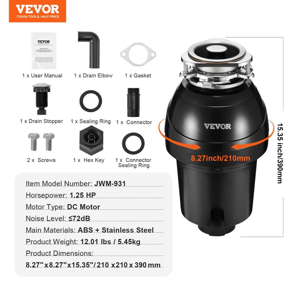 Kitchen Waste Disposer, Kitchen Waste Disposer, 1.25 HP Food Waste Shredding System, EZ Mount, 4060 RPM, Household Garbage Disposer, Garbage Disposal, Food Waste