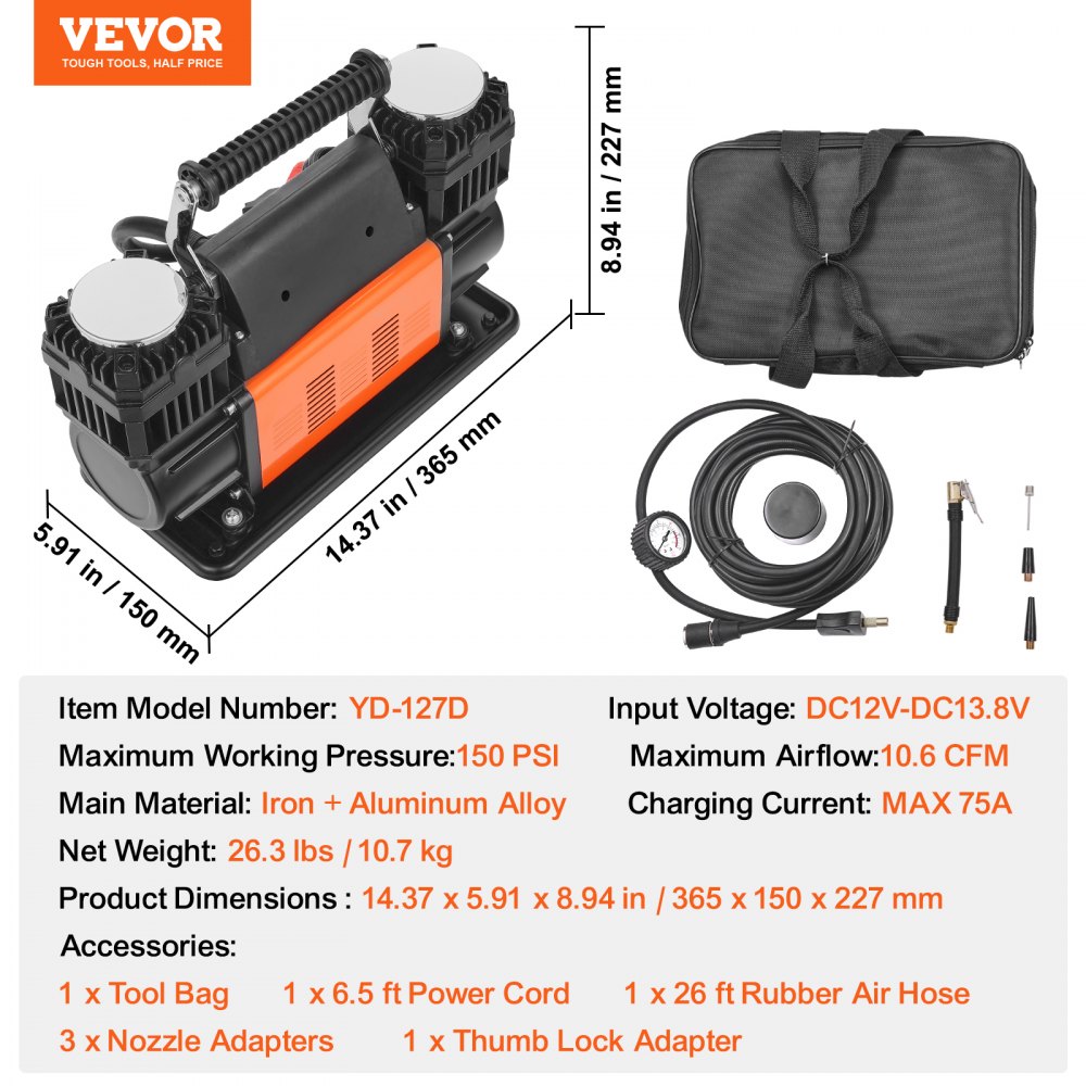 10.6 CFM Heavy Duty Air Compressor, 30s Fast Inflation | Portable Dual Cylinder Tire Inflator 12V 150 PSI Off-Road Air Pump with Adapters for Trucks, Cars, SUVs, 4x4 Vehicles, RVs