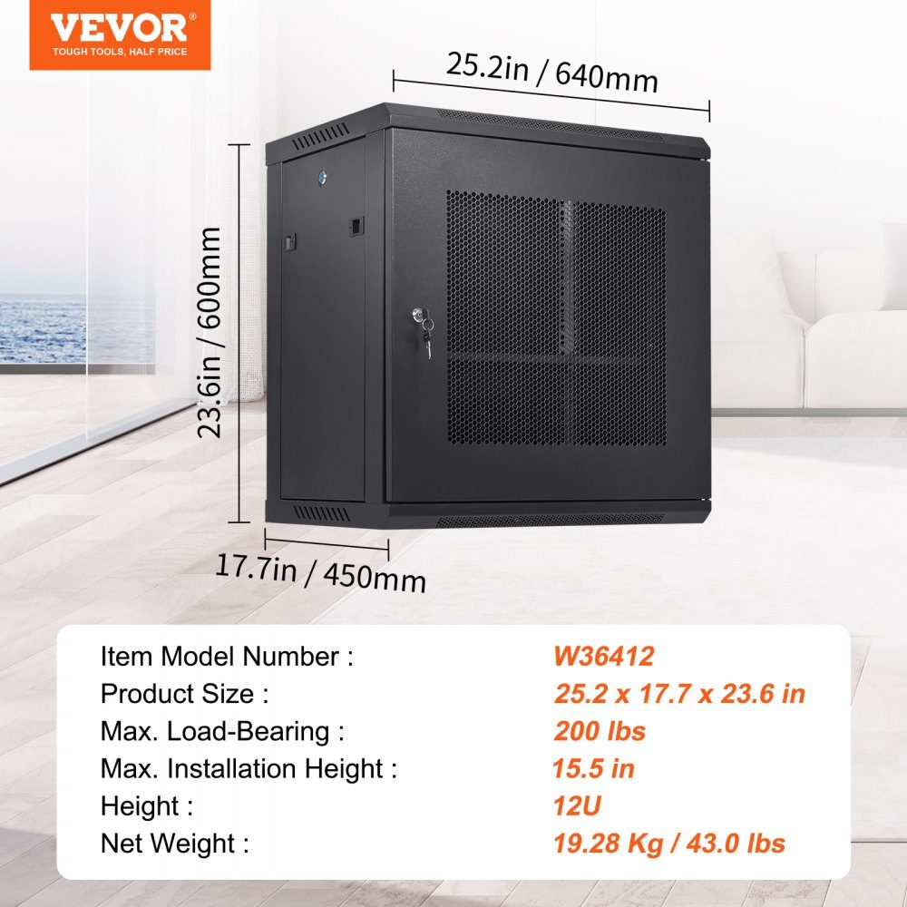 12U Wall Mount Network Server Cabinet 39.4cm/15.5" Deep Server Rack Cabinet Enclosure Max 90kg/200lbs. Floor-mounted loading capacity, with lockable door side panels, for IT equipment, A/V equipment