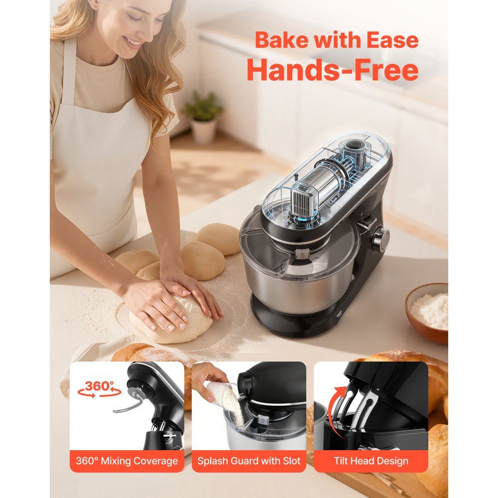 Robot culinaire Mélangeur de pâte 1400 W 5,68 L Robot culinaire à tête inclinable Bol en acier inoxydable Crochet pétrisseur Fouet Grattoir Robot culinaire domestique pour la cuisson et le mélange Noir