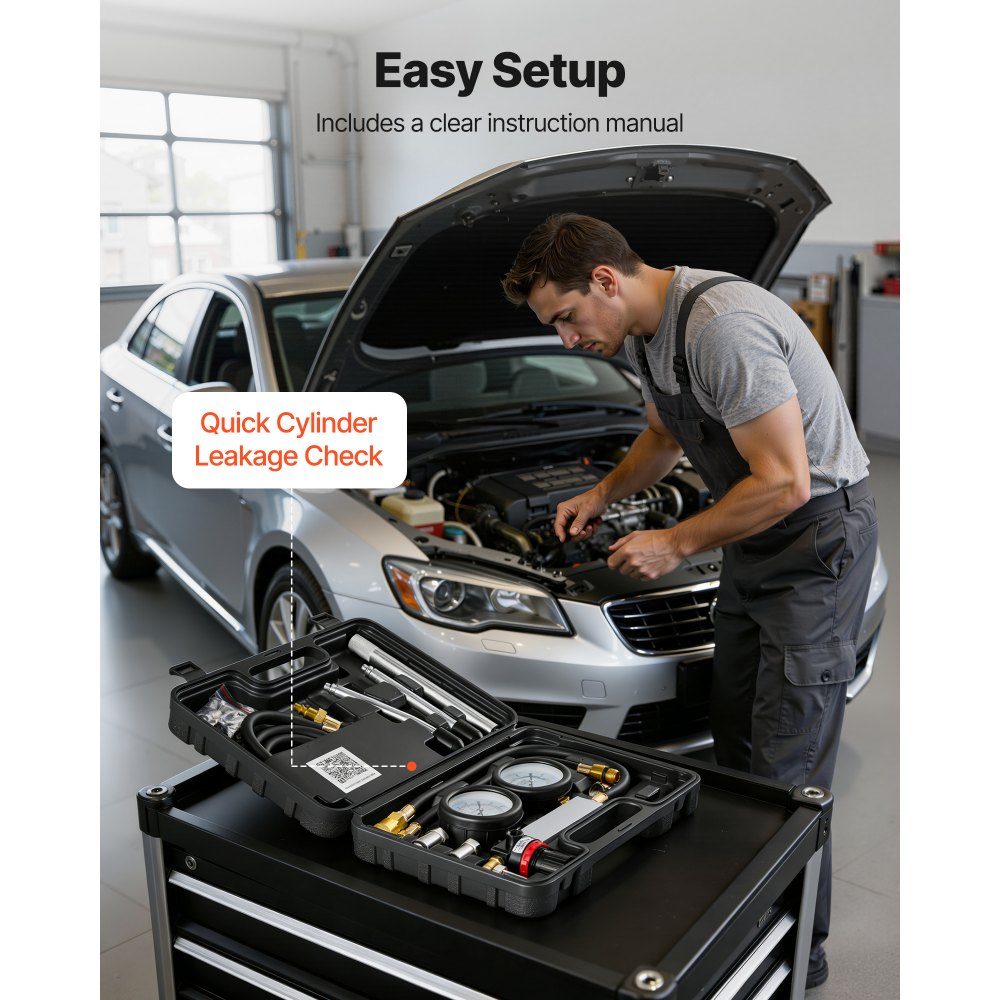 Engine Cylinder Pressure Loss Tester, 0-100psi Pressure Gauge Range, Cylinder Pressure Tester with 4 Adapters and 2 Metal Tubes, Automotive Compression Test Kit, Pressure Test and Leak Rate Measurement