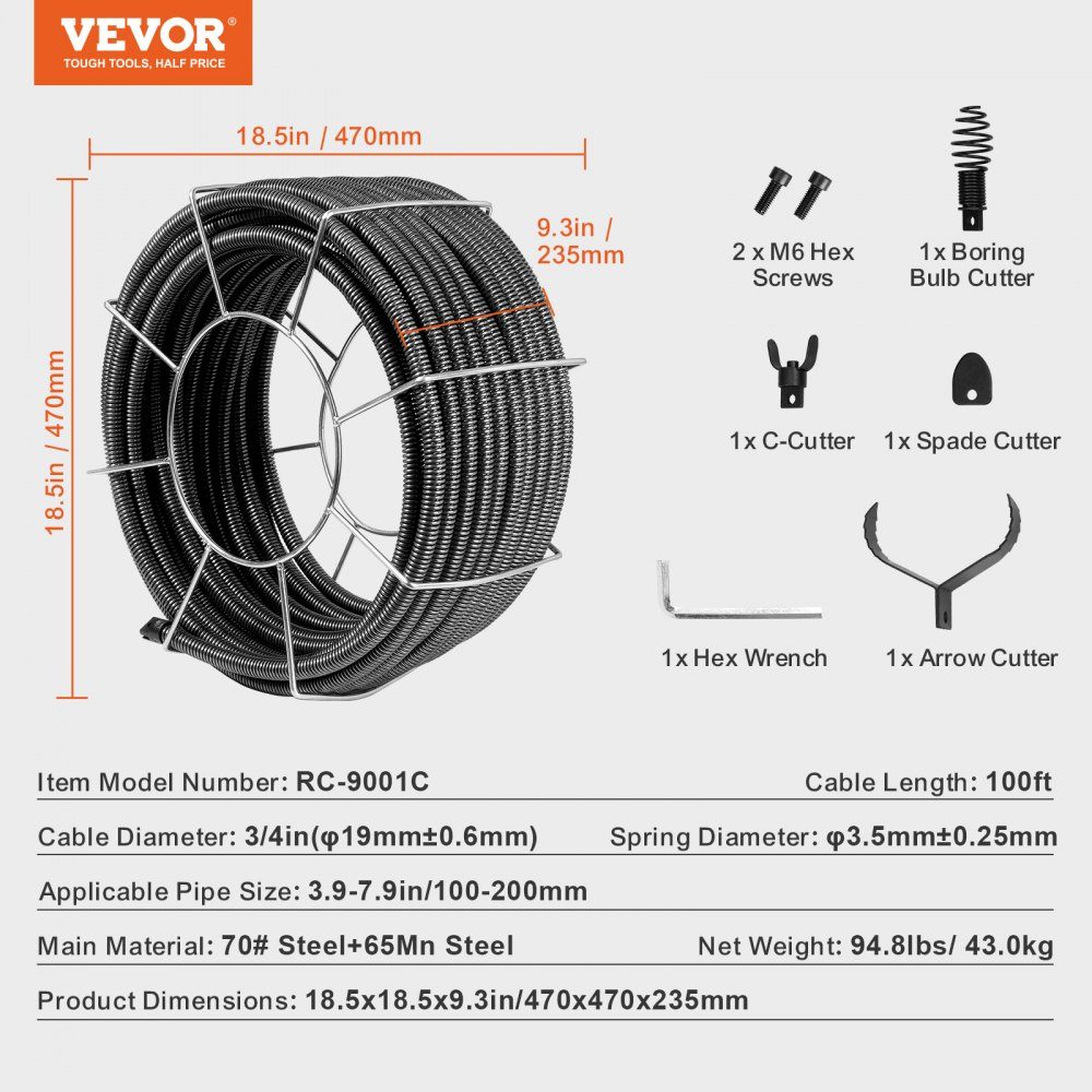 Kabel do czyszczenia rur 30 m x 19 mm, kabel do czyszczenia rur wykonany ze stali i 4 obcinaki do rur od 100 do 200 mm, kabel do czyszczenia rur z rdzeniem wewnętrznym do zlewów, odpływów podłogowych, toalet