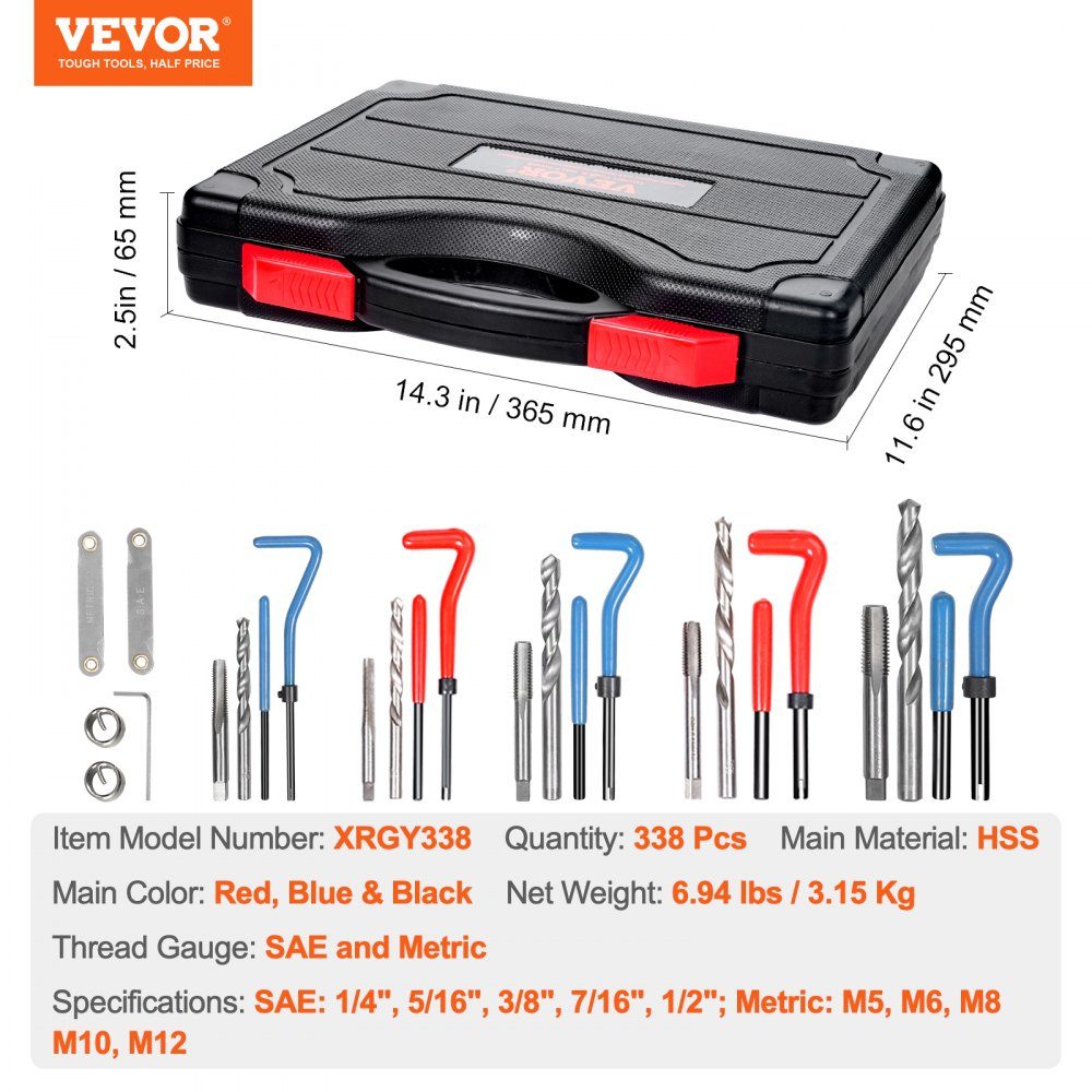 Thread Repair Thread Repair Kit Thread Repair Kit 338 Pieces SAE and Metric Helicoil Set Thread Repair Tools M5 M6 M8 M10 M12 1/4 5/16 3/8 7/16 1/2 Inch HSS Drill Bits