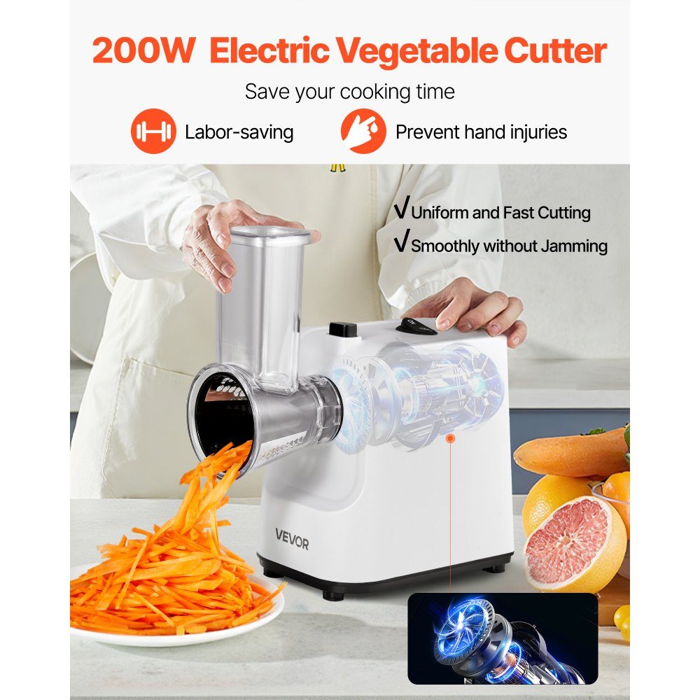 Râpe à Fromage Électrique Machine à Salade 200W Trancheuse à Légumes Coupe-légumes Râpe Rotative avec 5 Accessoires Trancheuse Alimentaire avec Lames en Acier Inoxydable pour Légumes Fromage Coupe Rapide
