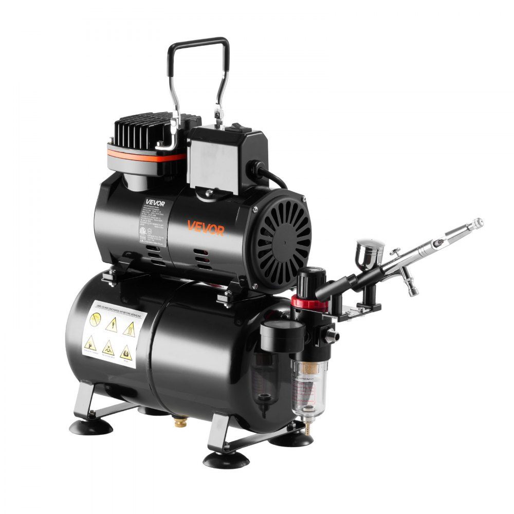 Airbrush Set 1/6 HP with Air Compressor & Tank, 1 Dual Action Airbrush Gun with 3 Nozzles (0.2/0.3/0.5mm) & Hose & Acrylic Paint & 1 Fan, for Cake Decoration, Model Painting, Nail Art