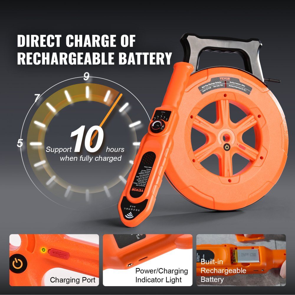 Pipe Blockage Detector Pipe Blockage Detector Pipe Cleaner ABS Case Pipe Inspection Organizer 30m Cable Detection Distance for Non-Metallic Pipes 0-40cm Metal Pipes 0-15cm