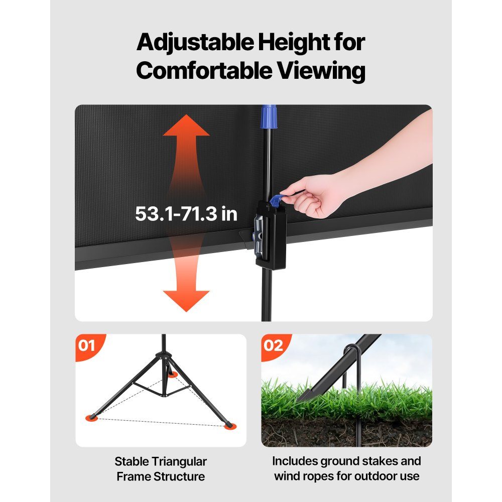 Projection screen tripod screen (60 inches) with 160° wide angle, projector screen for indoor and outdoor projectors 16:9 4K HD, portable film screen with carrying bag for home cinema presentation