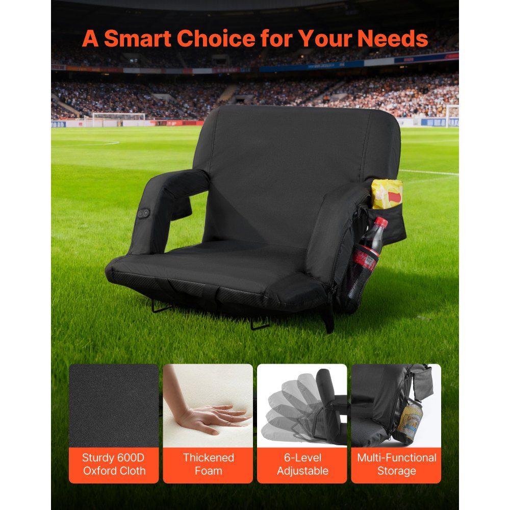 Stadium Seat, Heated Stadium Chair with 4 Pockets, Heated Bleacher Seat with 3 Level Heating and 6 Vibration Modes, Portable Seat Cushion for Camping, Sporting Events, Bleachers, Black