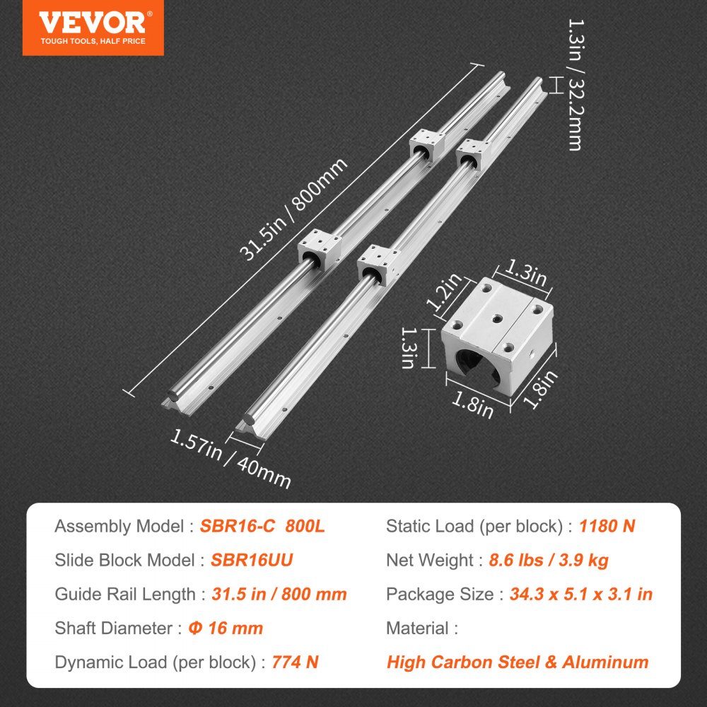 Rail de guidage linéaire 2 pièces SBR16-800mm Rail de guidage en aluminium en acier au carbone avec 4 pièces SBR16UU blocs coulissants bloc de roulement linéaire pièces CNC pour imprimante 3D fraiseuse/tour