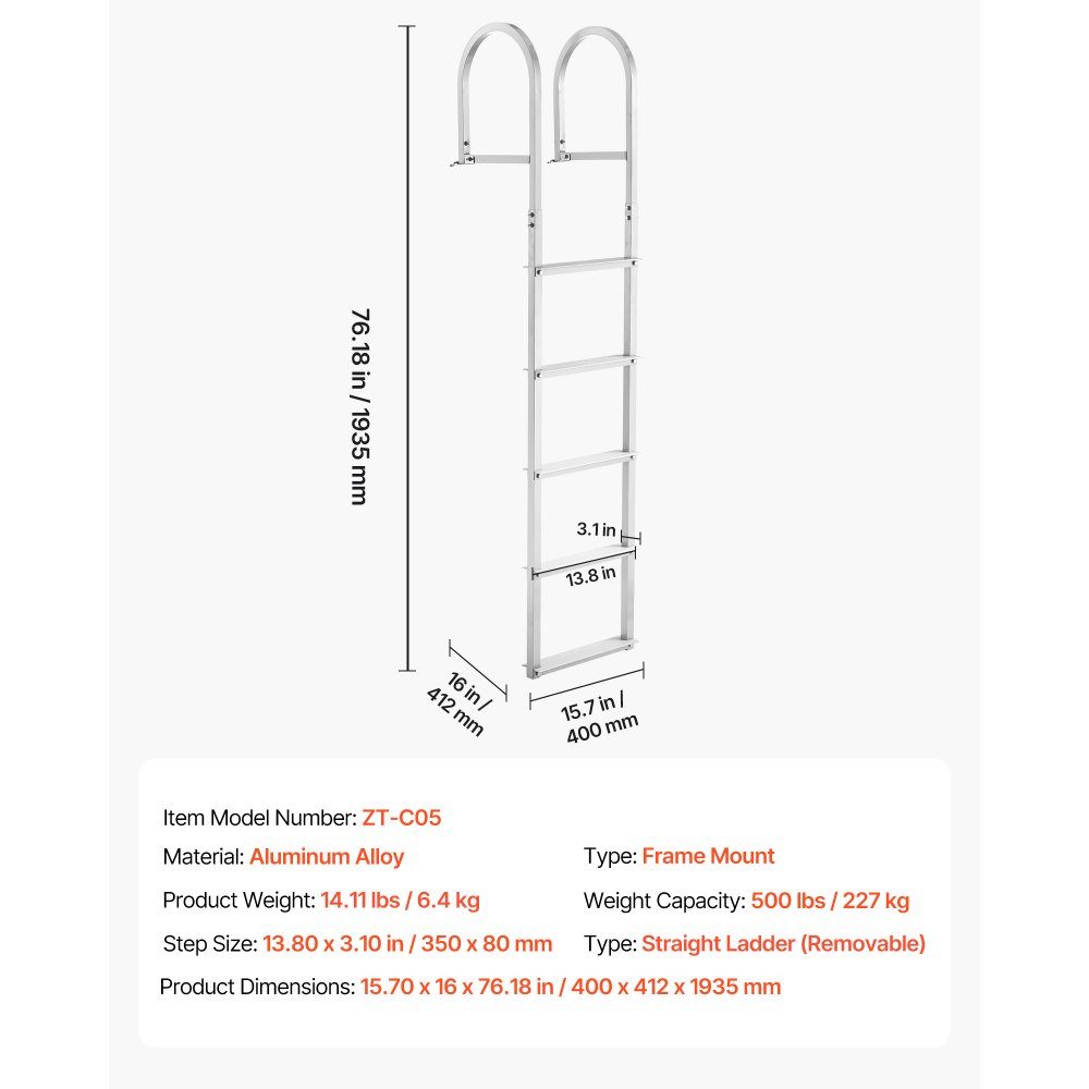 Dockleiter, 5 abnehmbare Stufen, Tragfähigkeit 227 kg. Aluminium-Ponton-Bootsleiter mit 8 cm breiten Stufen und rutschfesten Designstufen zum Einsteigen in Boote/Seen/Pools/Ozeane
