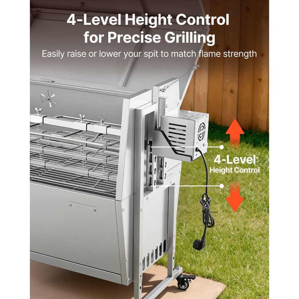 Drehspieß 38W Spanferkelgrill Lammgrill Holzkohlegrill (132cm Grilllänge) mit 60kg Belastbarkeit & Rollen & 4-fach Höhenverstellung & Deckel, Edelstahl Elektrogrill Set für Camping
