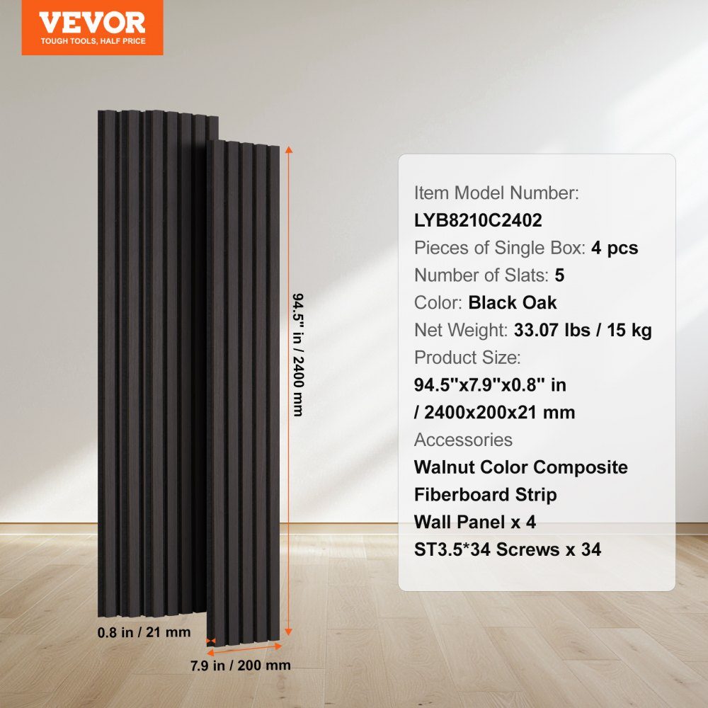 Akustikplatten, Akustikplatten, 2400 x 200 mm, MDF-Akzent-Holzwandpaneele für moderne Innenwanddekoration, Kunstholz-Wandpaneele zur Geräuschreduzierung, schwarze Eiche, 4er-Set