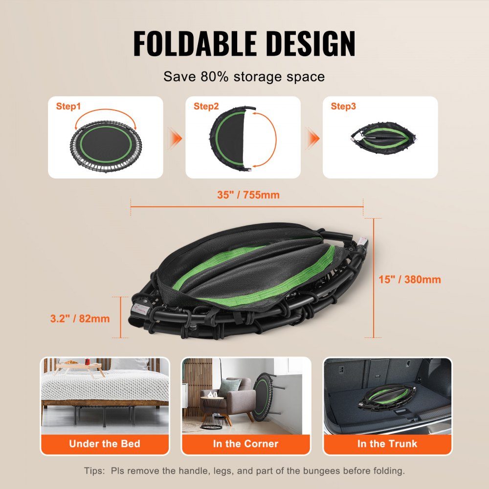 Mini trampoline pliable fitness rebondeur 1027 mm, trampoline d'entraînement résilient 150 kg, trampoline de sport rebondeur mini trampoline trampoline de jardin avec poignée en mousse réglable en hauteur sur 4 niveaux