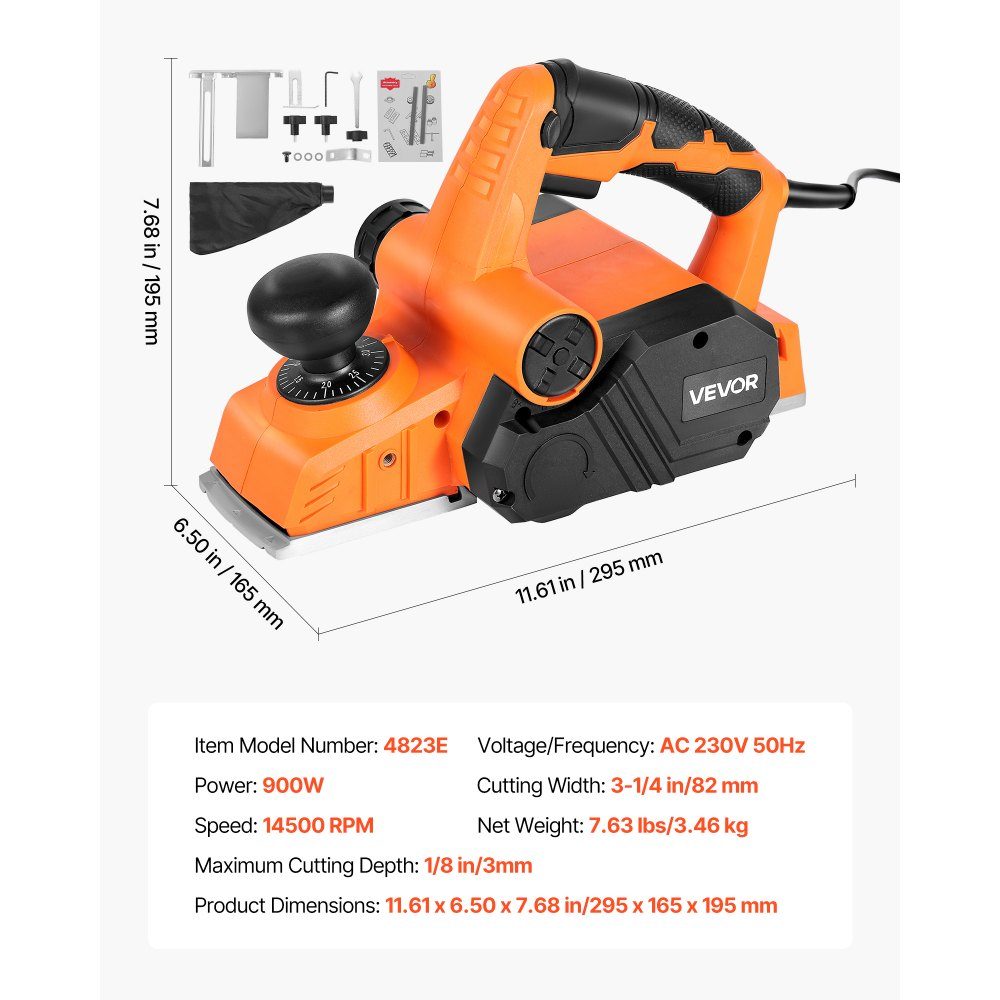 Raboteuse électrique 82 mm Largeur de coupe 900 W 14500 RPM Raboteuse à main pour bois avec profondeur de coupe réglable 2 lames pour le travail du bois Chanfreinage du bois Raboteuse DIY