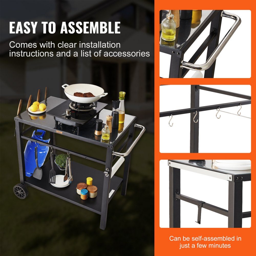 Servierwagen, Küchenwagen, 100 x 64 x 83,5 cm, Outdoor-Grill-Esswagen mit doppelter Ablage, beweglicher Grilltisch für die Zubereitung von Speisen, multifunktionale Tischplatte aus schwarzem Eisen