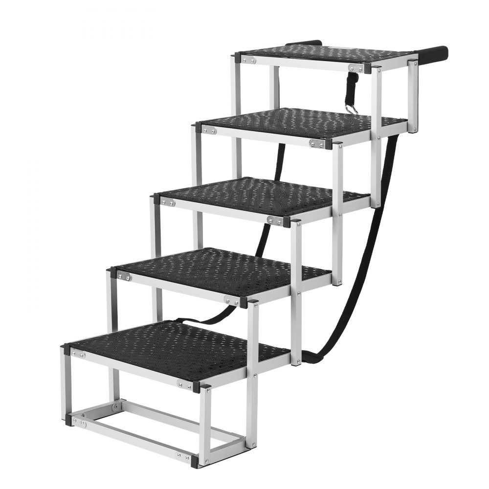 Dog Stairs for Cars, Wide 5 Step Dog Car Stairs, Folding Dog Car Ramp with Non-Slip Surface, Portable Lightweight Aluminum Pet Stairs for Car, SUV and Truck, Supports up to 68kg