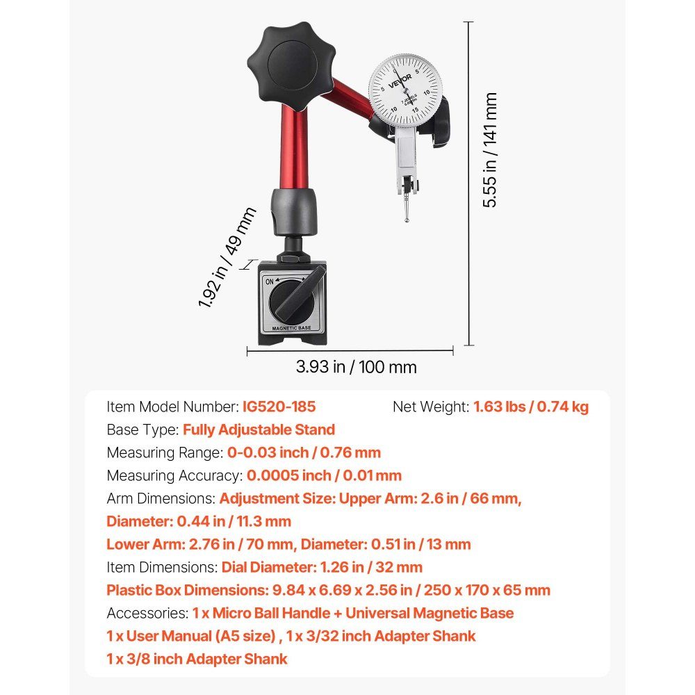 Dial Indicator with Magnetic Stand and Storage Case, 0.01mm Accuracy, 0-0.76mm Range, Micro Ball Handle for Tight Area Measurements, Industrial Machining and Inspection