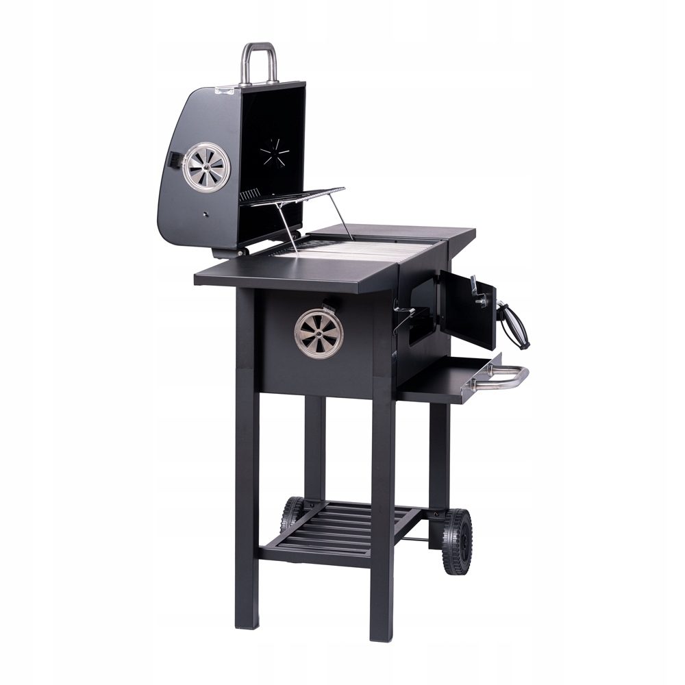 BBQ-Holzkohlegrill-Smoker-Set mit Deckel, höhenverstellbar, 2 Seitenablagen
