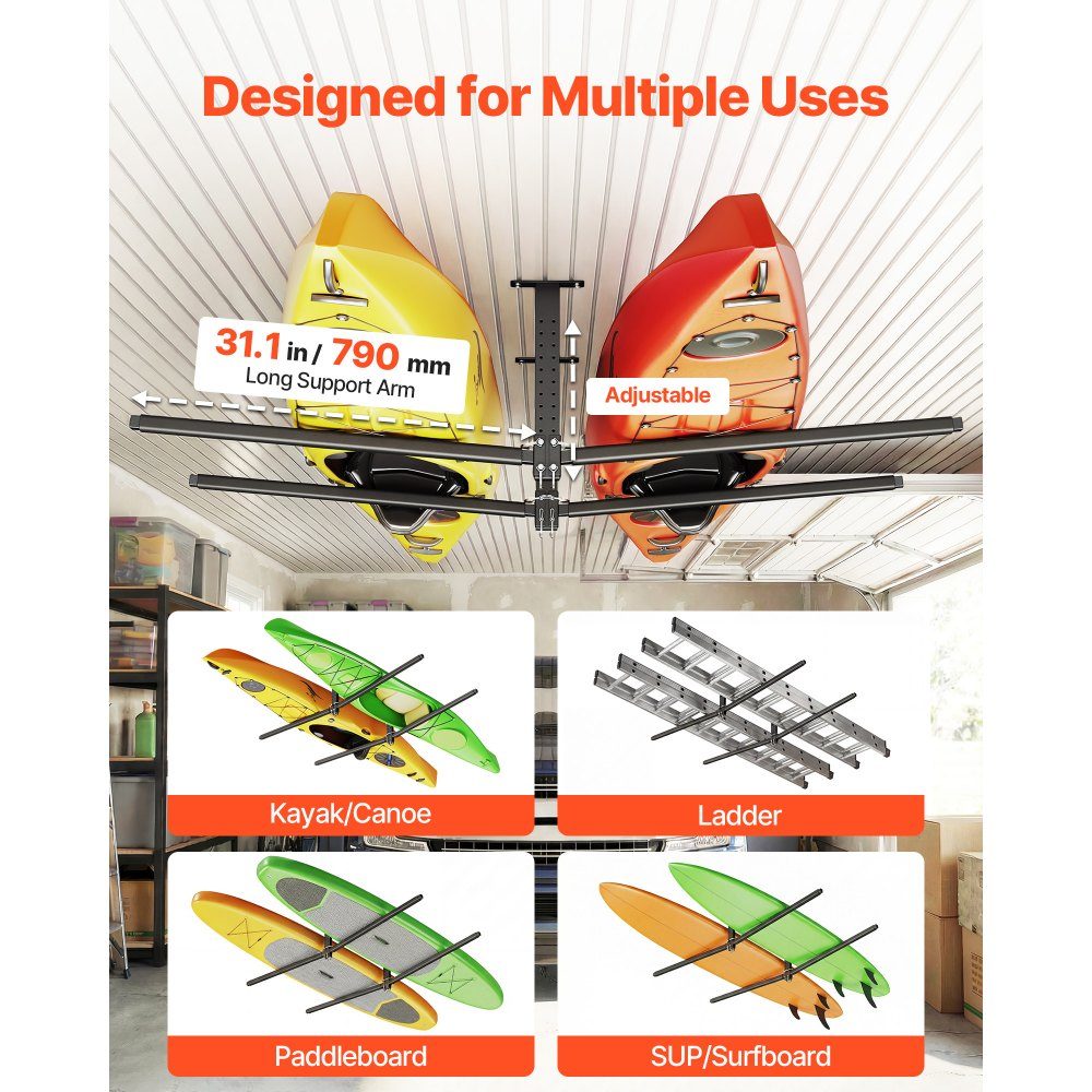 Kayak Storage Rack for 2 Kayaks/Canoes/Surfboards/Paddleboards, Kayak Stand, Ceiling Rack for Garage Mount, Adjustable Kayak Bracket (Ceiling Mount) with 250lb Load Capacity