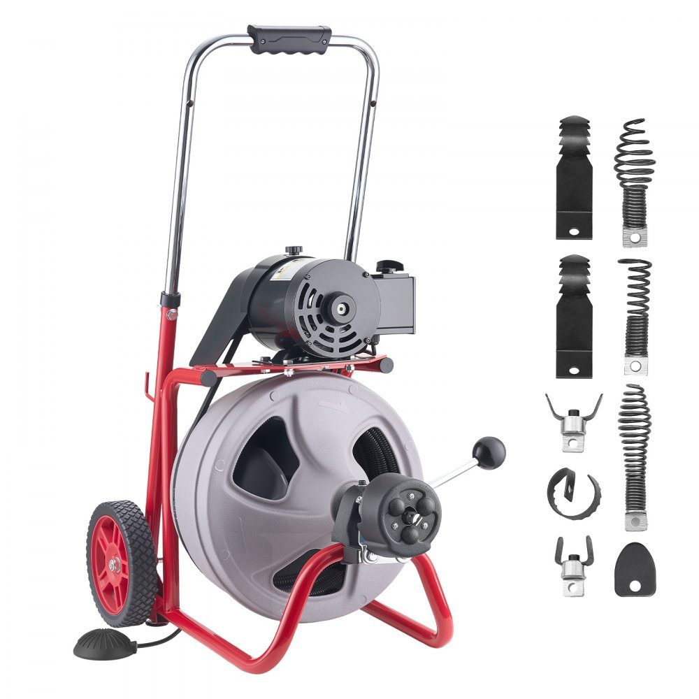 Rohrreinigungsmaschine 22 m x 9,5 mm, Rohrreinigungsgerät mit automatischem Vorschub, 8 Schneidwerkzeugen & pneumatischem Fußschalter, Rohrreiniger für Rohrdurchmesser von 50 bis 100 mm
