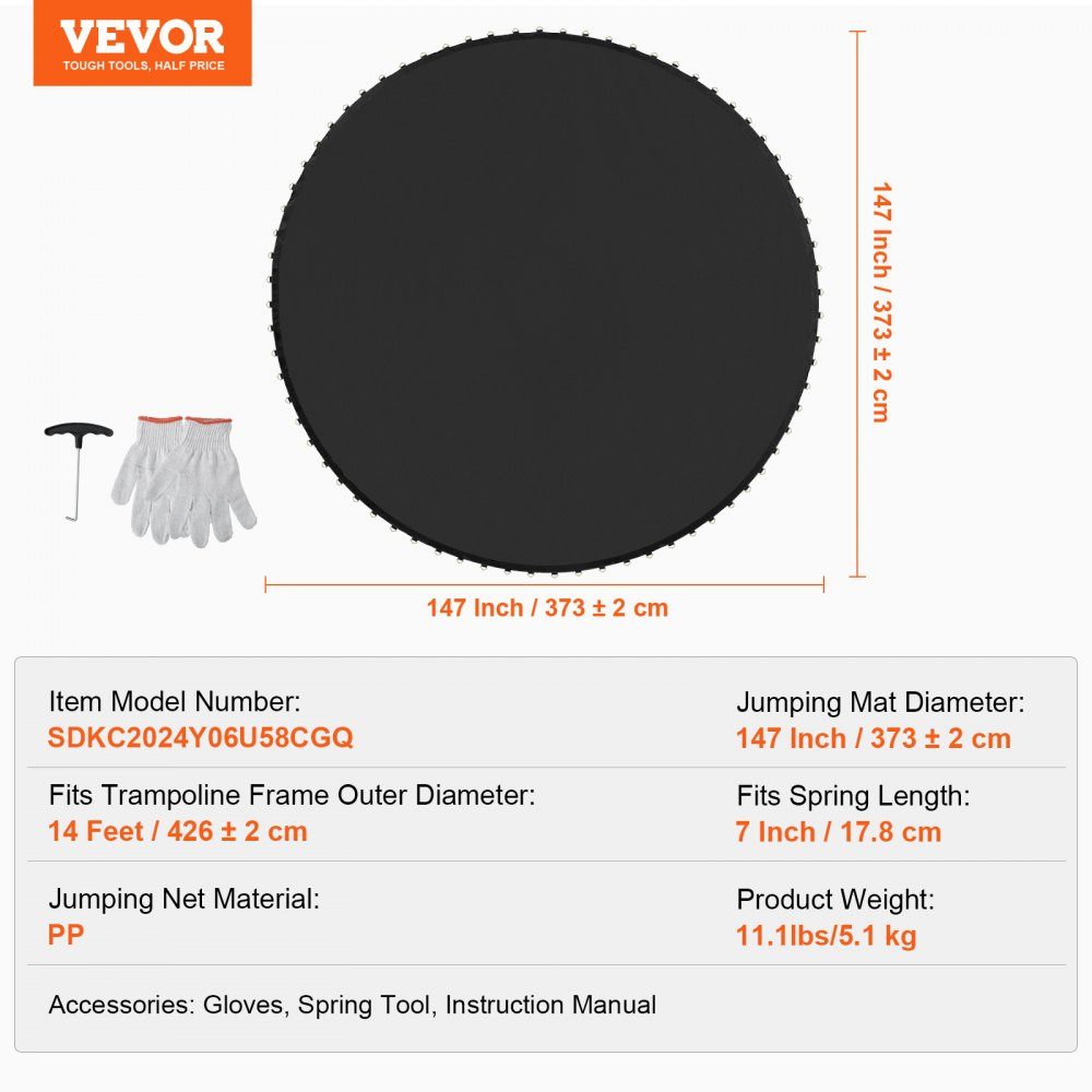 Replacement Trampoline Mat, Jumping Mat Fits 16" Frame, Universal Jumping Mat for Round Trampoline, UV Resistant Mat with 96 Durable V Rings, Fits 7" Spring Length