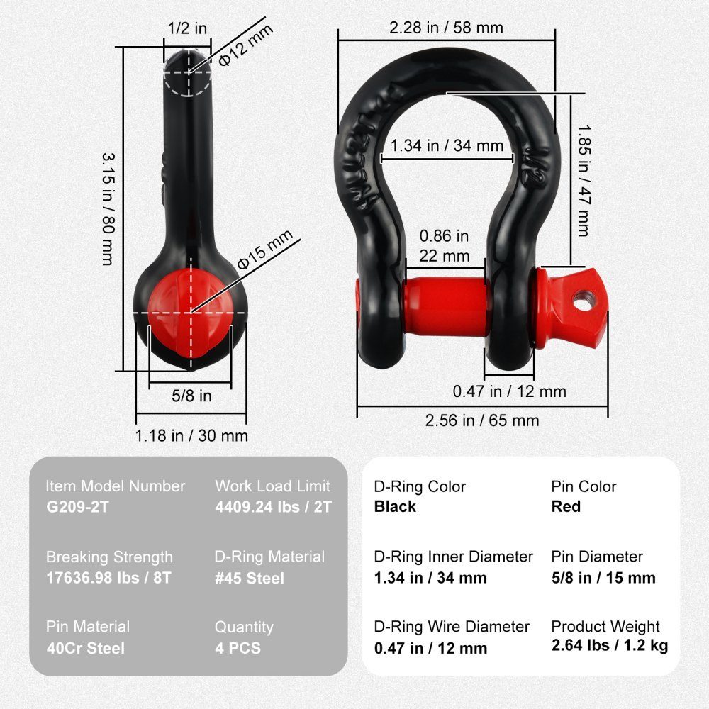 4er-Pack 12,7-mm-D-Ring-Schäkel mit 15,875-mm-Schraubstift, 8000,0 kg Bruchfestigkeit
