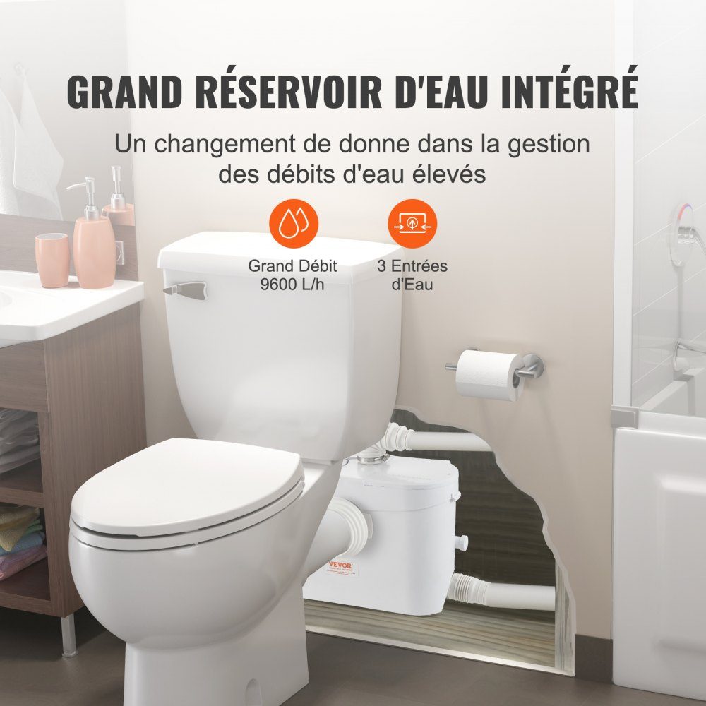 Système de relevage, 700 W, débit 9600 l/h, hauteur 10 m, pompe eaux usées broyeur avec 3 arrivées d'eau pour WC, cave, cuisine, évier, baignoire, évacuation eaux usées, lave-vaisselle – Réf. HT-24457