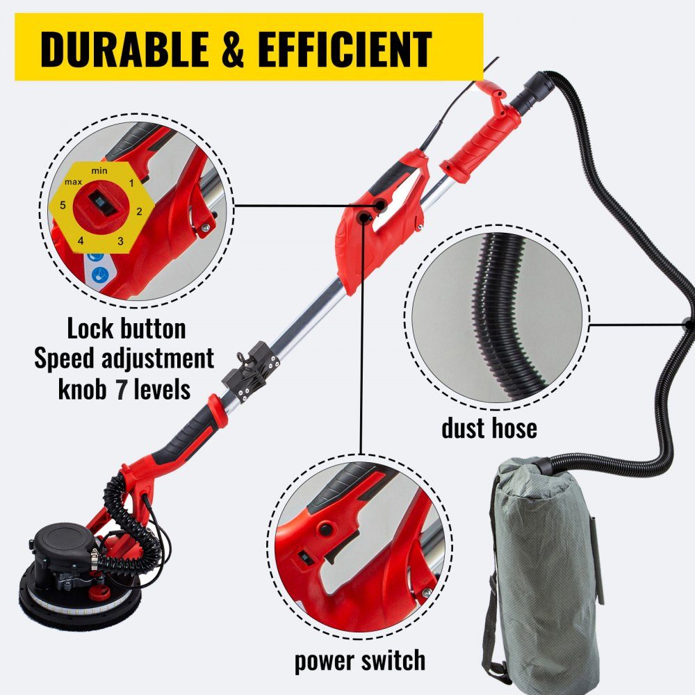 Roterende muurschuurmachine 750W, opvouwbare gipsplaatschuurmachine met telescoopsteel, variabel toerental 800-1750 tpm, muurschuurmachine met LED-lichtbalk en stofzak