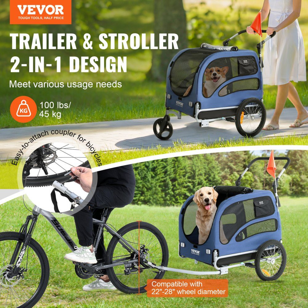 Hundeanhänger 45 kg 2-in-1 Fahrradanhänger Kohlenstoffstahl + 600D Oxford-Gewebe + PP faltbar 1440 x 725 x 845 mm als Anhänger 1320 x 725 x 920 mm als Kinderwagen Hundebuggy Jogger Anhänger Blau