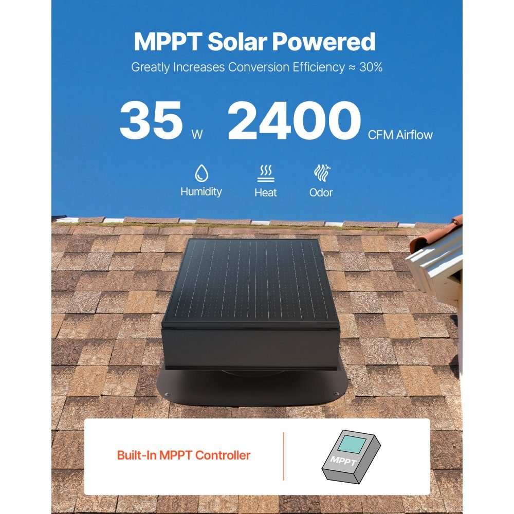 Ventilateur à énergie solaire, ventilateur de toit solaire intelligent 35 W avec thermostat, débit d'air 67960L/min, moteur CC sans balais intégré pour le refroidissement et la déshumidification – Réf. HT-23040