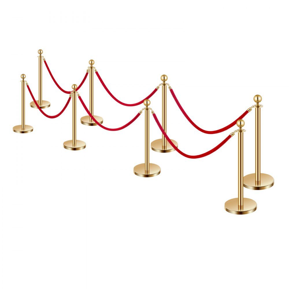 Absperrpfosten Absperrung (8 Stück) zur Massenkontrolle mit 6 roten Samtseilen (1,5 m lang), Absperrständer aus Edelstahl mit nachfüllbarer Basis für Ausstellungen Golden