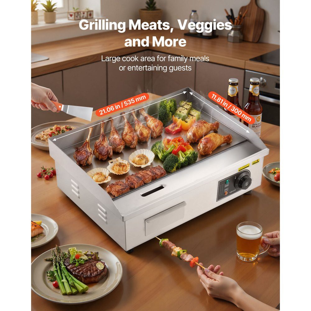 Electric grill commercial grill plate (535 x 300 mm) 3200 W with 50-300 °C adjustable temperature control, frying plate griddle plate with 2 spatulas & 2 brushes & 4 foot pads for steak
