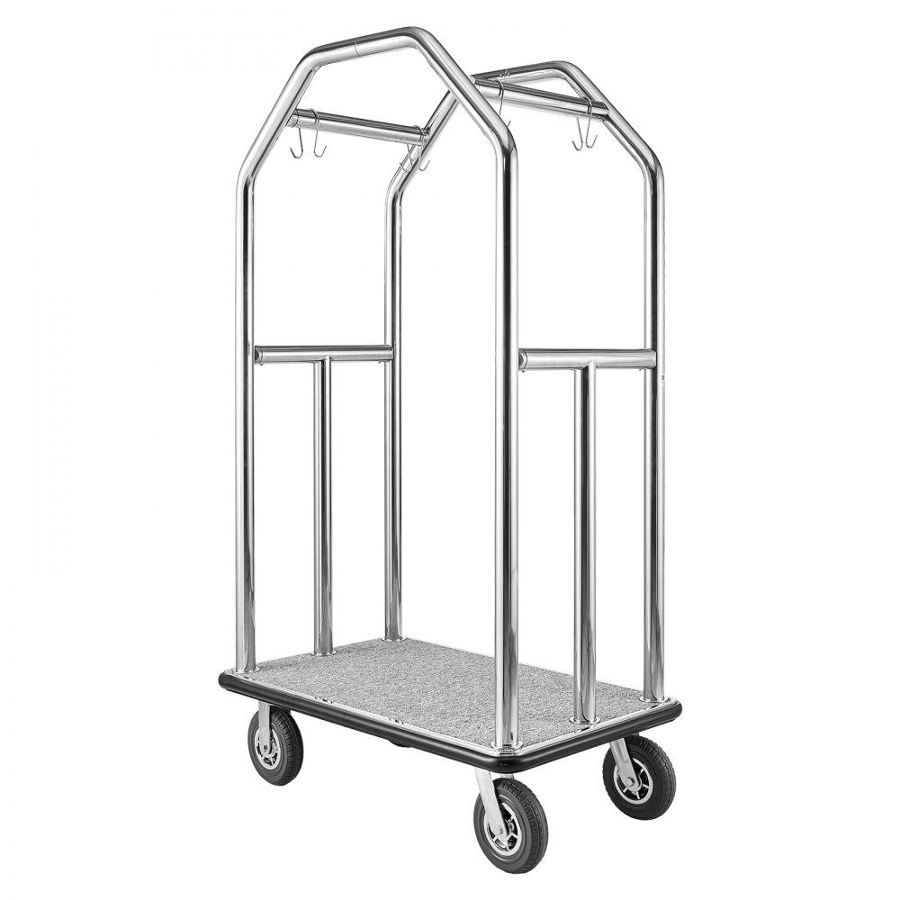 Roestvrijstalen hotelbagagewagen 1500 pond zware bagagewagen met 8 "rubberen wielen Hotelwagen met grijze tapijtvloer en kapstok Commerciële bagagewagen voor hotelsresorts Zilver – Artikelnr. HT-23177
