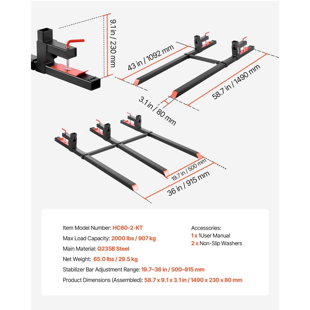 Fourches à palettes, porte-fourche à clipser 907 kg, longueur totale 1490 mm, fourches avec barre stabilisatrice réglable pour accessoires de tracteur, godet de chargeur et chargeuse compacte, noir – Réf. HT-22950