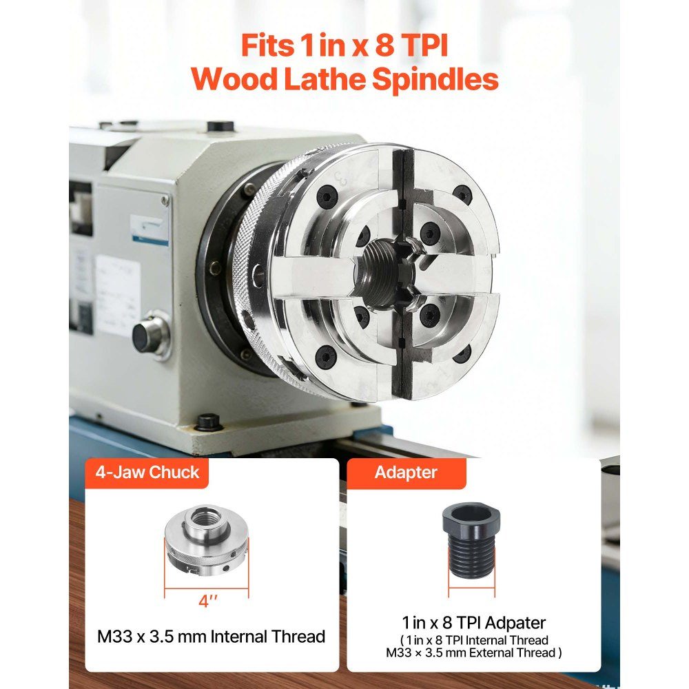 4" klauwplaat, centreerklauwplaat met 4 klauwen met 1" x 8 TPI draad en adapter, vernikkelde bekken van hoogwaardig staal, spreiders en klemmen voor houtbewerking