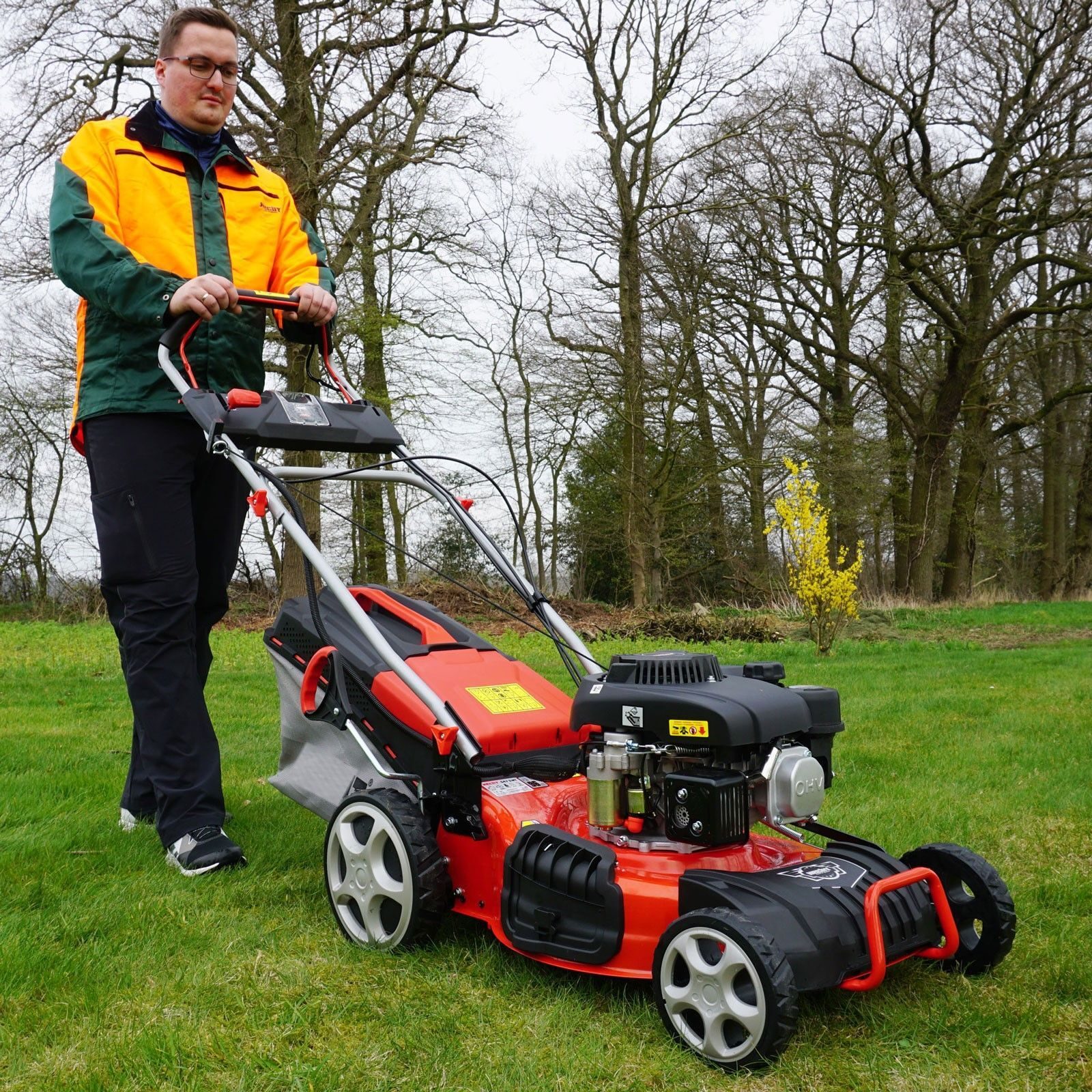 Starter set petrol lawnmower with drive cutting width 51 cm 5in1 electric start wheel drive