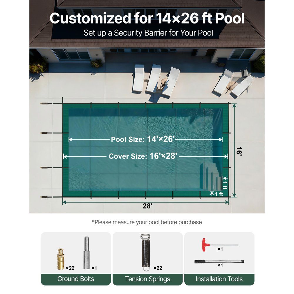 Pool Tarpaulin Suitable for Rectangular Inground Pools (4.3m x 7.9m) Winter Tarpaulin with Drainage Holes Opaque Mesh Cover for Swimming Pools Safety Cover Green