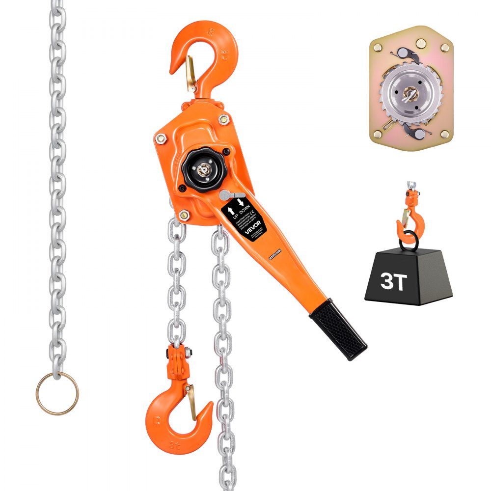 Lever Hoist, 3 Ton Capacity Hand Chain Hoist, 6m Lift, G80 Alloy Steel Chain with Mechanical Double Pawl Brake, 360° Swivel Hooks, Ratchet Hoist for Warehouse Construction, Garage