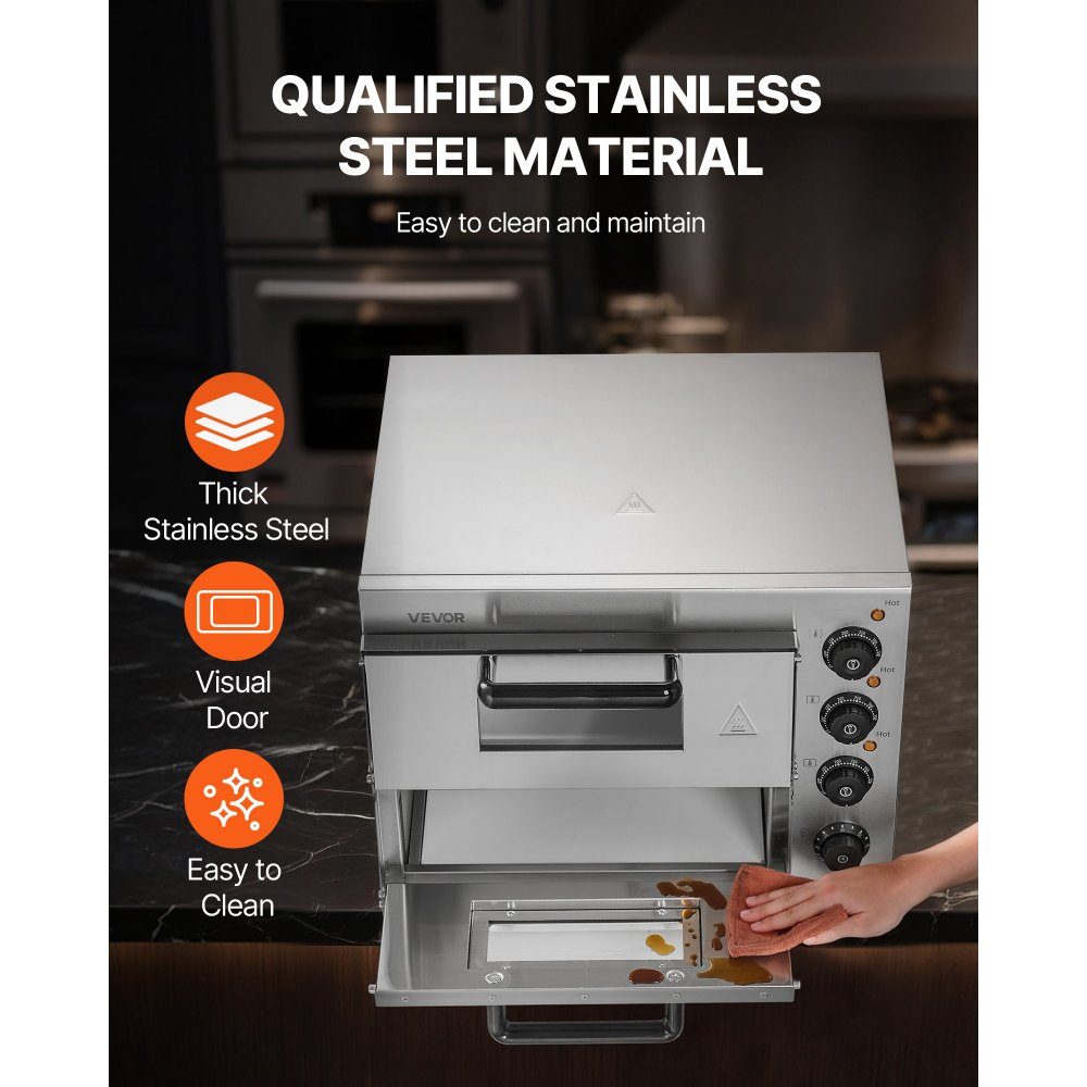 Commercial Countertop Pizza Oven, 14 Inch Double Decker Layer Stainless Steel Electric Pizza Oven with Stone and Handle, Multipurpose Indoor Pizza Machine for Baking Pretzels in Restaurant at Home