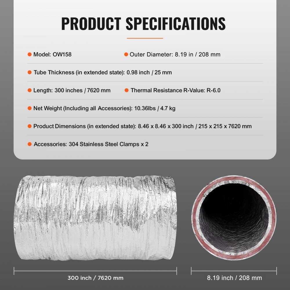 Aluminium-Flexschlauch 7620 mm langer Lüftungsschlauch Φ158 mm Aluminium-Flexrohr-Luftkanal R-6 Wärmewiderstandswert 25 mm Rohrdicke Aluminiumrohrschlauch Owens Corning Isolierwolle-Luftkanäle