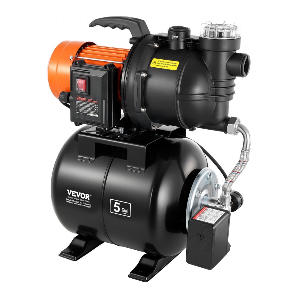 Aqueduc domestique Pompe à jet 735 W, 3785 L/h avec réservoir sous pression de 19 L, hauteur de refoulement de 39 m, avec filtre, clapet anti-retour et tête de pompe en plastique, pour l'arrosage automatique du jardin et l'approvisionnement en eau domesti