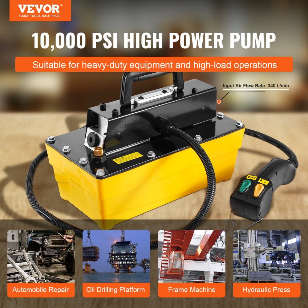 Pneumatyczna pompa hydrauliczna 10 000 PSI, pojemnik 2,3 l, wylot NPT 3/8 cala, wlot NPT 1/4 cala, pneumatyczna pompa hydrauliczna z tworzywa sztucznego ze zdalnym sterowaniem, do maszyn z ramą samochodową i pras hydraulicznych