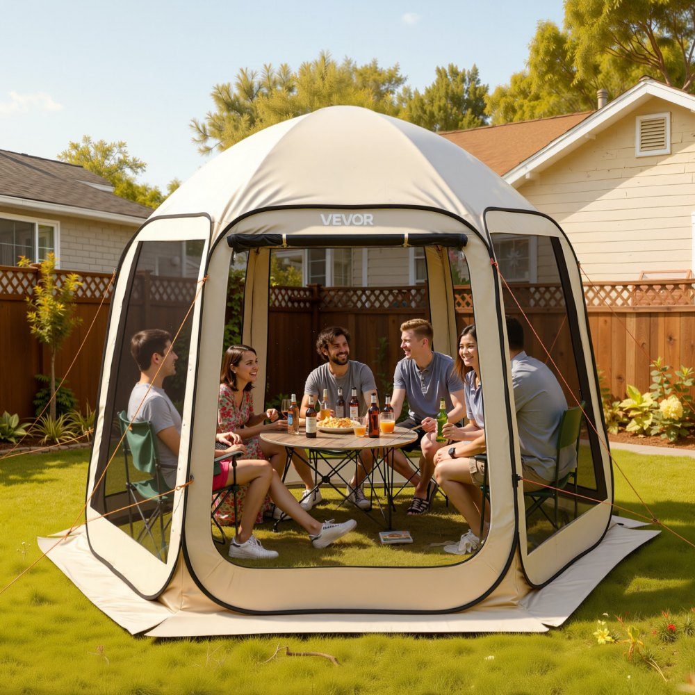 Pop-up tent 3304,8 x 280,4 cm, kampeertent voor 4-8 personen, partytent inclusief draagtas, zijwanden van gaas en haringen, voor tuin, terras en buitenactiviteiten, beige