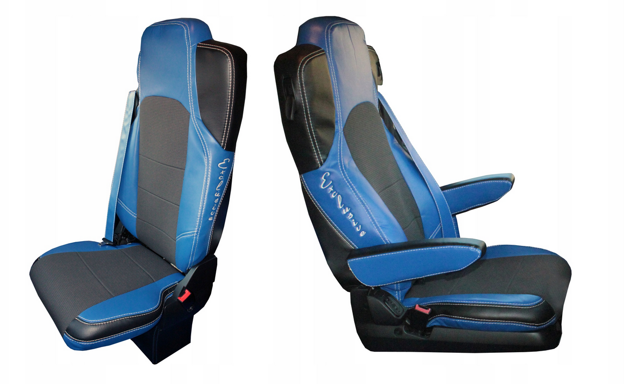 Handgefertigte, hochwertige Actros-LKW-SITZBEZÜGE, MERCEDES ACTROS MP4 MP 4, blaue Kombination, komplettes Set