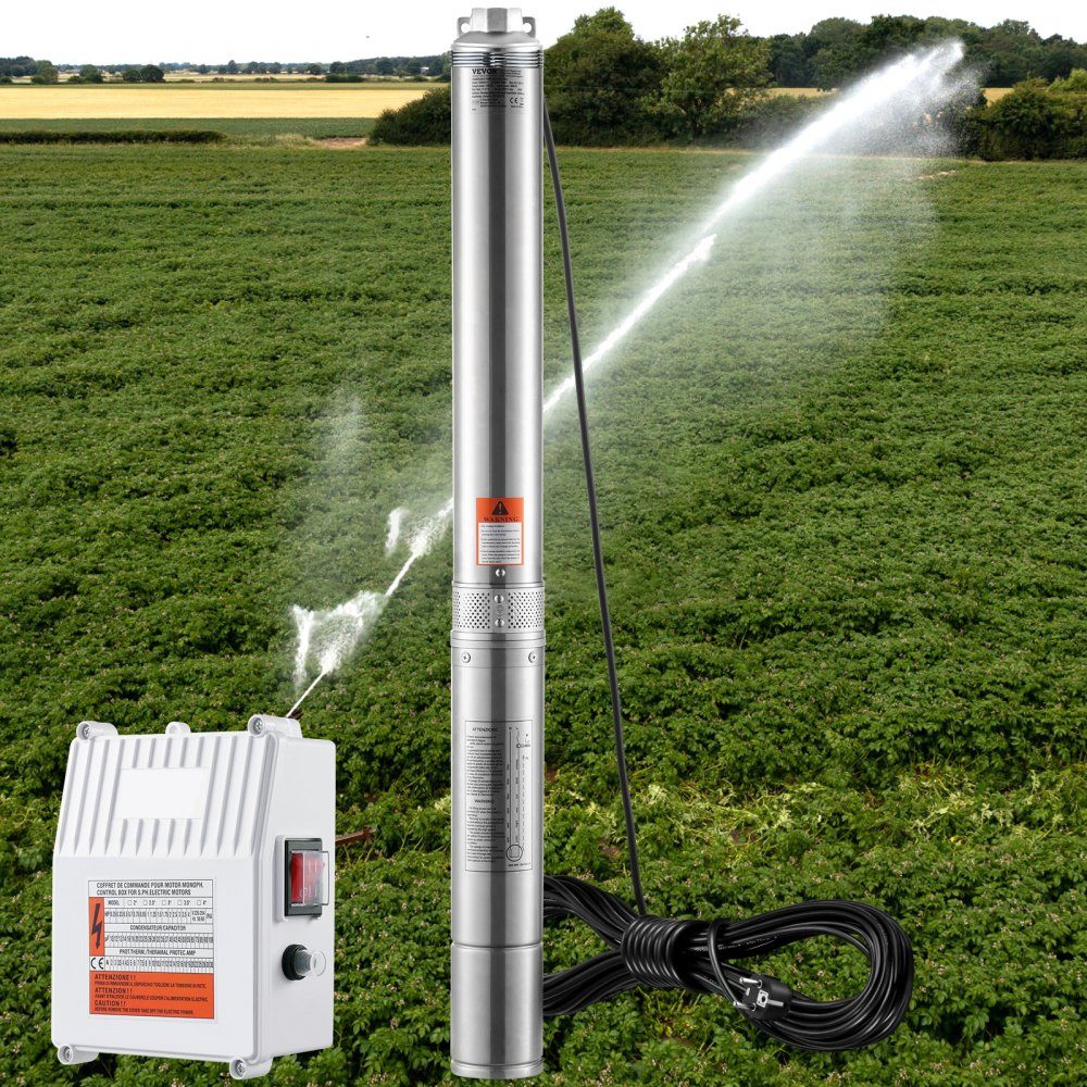 Pompe submersible pour puits profond 1500 W 230 V 60 Hz 9,8 m3/h Tête de 108 m avec câble de 19,4 m et boîtier de commande externe Pompes à eau en acier inoxydable pour l'irrigation industrielle à usage domestique IP68 étanche – Réf. HT-24542