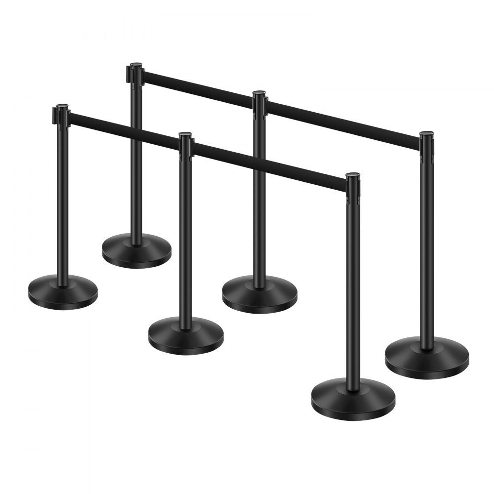 Absperrpfosten zur Massenkontrolle (6er-Pack) mit 6 einziehbaren Gurten, Absperrpfosten aus Karbonstahl mit hohler Basis für Hochzeiten, Ausstellungen, Schwarz