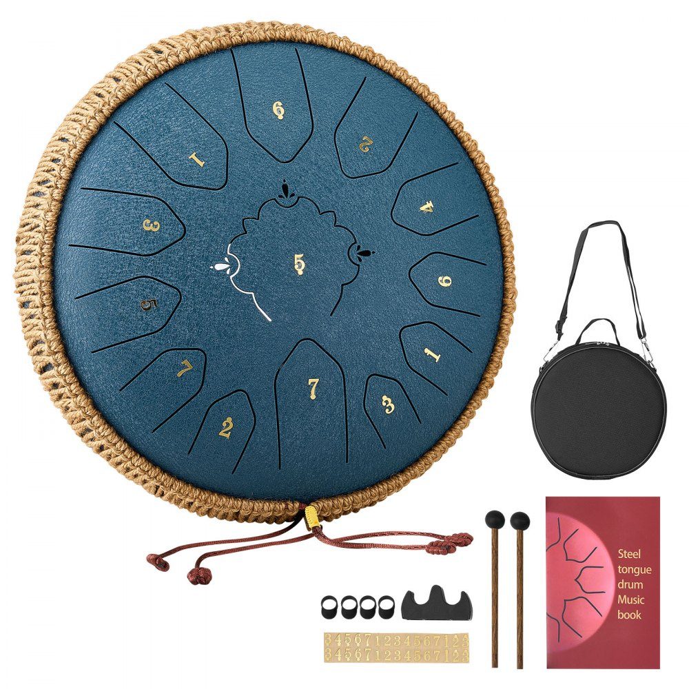 Zungentrommel, Ø305 mm, 13 Töne, Regentrommel, C-Dur, mit Notenbuch & Schlägeln, Schlaginstrument für Meditation, Yoga & musikalisches Einsteigertraining, Stahlzungentrommel Marineblau